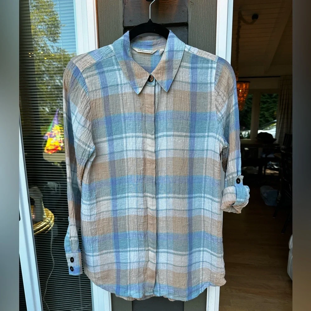 Soft Surroundings Women's Plaid Linen Button Down Shirt Top XS Blue Tan